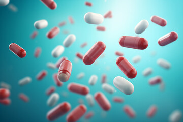A group of antibiotic pill capsules falling. Healthcare and medical illustration background. - obrazy, fototapety, plakaty