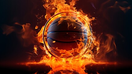 basketball game ball in hoop fire, AI Generative - obrazy, fototapety, plakaty