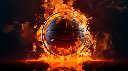 Fotobehang basketball game ball in hoop fire, AI Generative © growth.ai