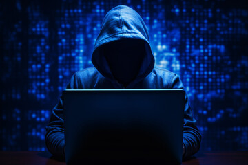 A hacker or scammer using laptop computer on dark technology background, phising, online scam and...