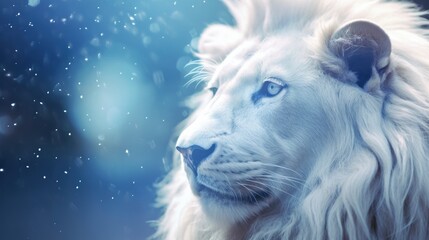 A White Lion Captured in Blue Iridescent Hues, Dark Romantic Style, Close-Up Shots, Featuring Glitter, Bokeh, and a Clean, Minimalist Aesthetic.
