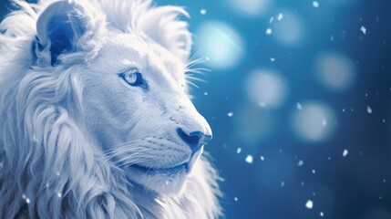 A White Lion Captured in Blue Iridescent Hues, Dark Romantic Style, Close-Up Shots, Featuring Glitter, Bokeh, and a Clean, Minimalist Aesthetic.