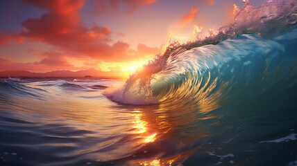 wave in sunset on the sea background.