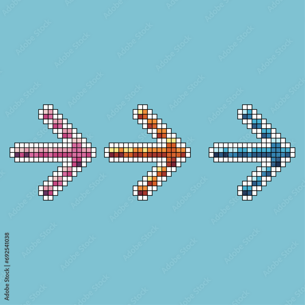Poster pixel art sets of arrow icon with variation color item asset. arrow icon on pixelated style. 8bits p