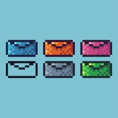 Pixel art sets of mail icon with variation color item asset.Mail icon on pixelated style. 8bits perfect for game asset or design asset element for your game design asset