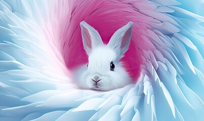 cute bunny is peeking out of a blue hole.