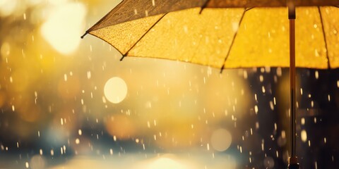 The weather concept with rain falling on a yellow umbrella,  accompanied by abstract defocused drops and subtle light flare effects - obrazy, fototapety, plakaty