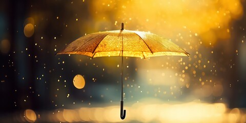 The weather concept with rain falling on a yellow umbrella,  accompanied by abstract defocused drops and subtle light flare effects - obrazy, fototapety, plakaty