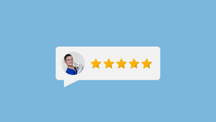 A satisfied veterinarian leaving a 5-star review in the comment section of a forum, or social media...