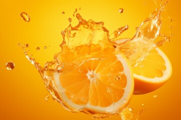 Splashed orange juice on yellow background, summer drink