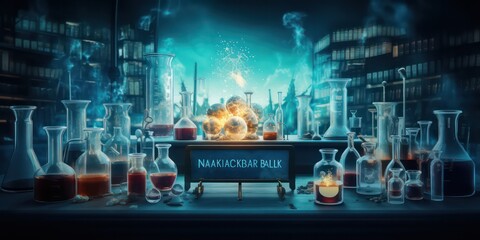 The realm of research and innovation with a laboratory beaker filled with a scientific formula.