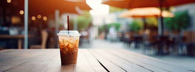 a plastic coffee cup cold coffee is placed on a wooden