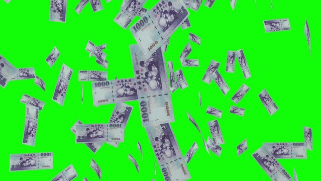 1000 NEW TAIWAN DOLLAR notes falling Green screen