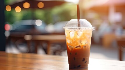 a plastic coffee cup cold coffee is placed on a wooden