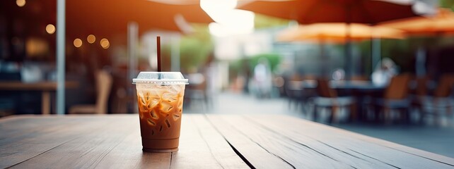 a plastic coffee cup cold coffee is placed on a wooden - obrazy, fototapety, plakaty