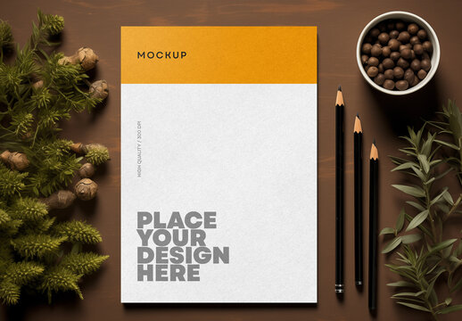Letterhead Mockup with Natural Elements &ndash; Realistic Scene Featuring Pencils and Plants on Wooden Background, Ideal for Branding, Corporate Identity, or Stationery Design