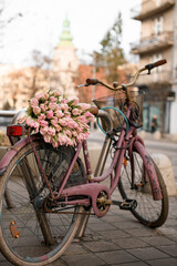 Fototapeta na wymiar Big bouquet of beautiful soft pink flowers beautiful beautiful soft pink tulips on a blurred background.