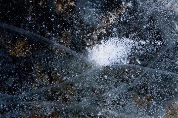 Group of methane bubbles creates shape like a space comet. Natural ice background with methane...