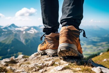 Hiking Boots on Mountain Peak Overlooking Scenic View
