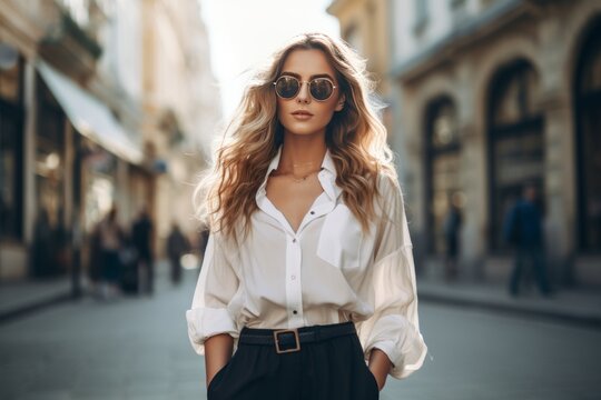 Fashionable Woman Walking Down a European Street