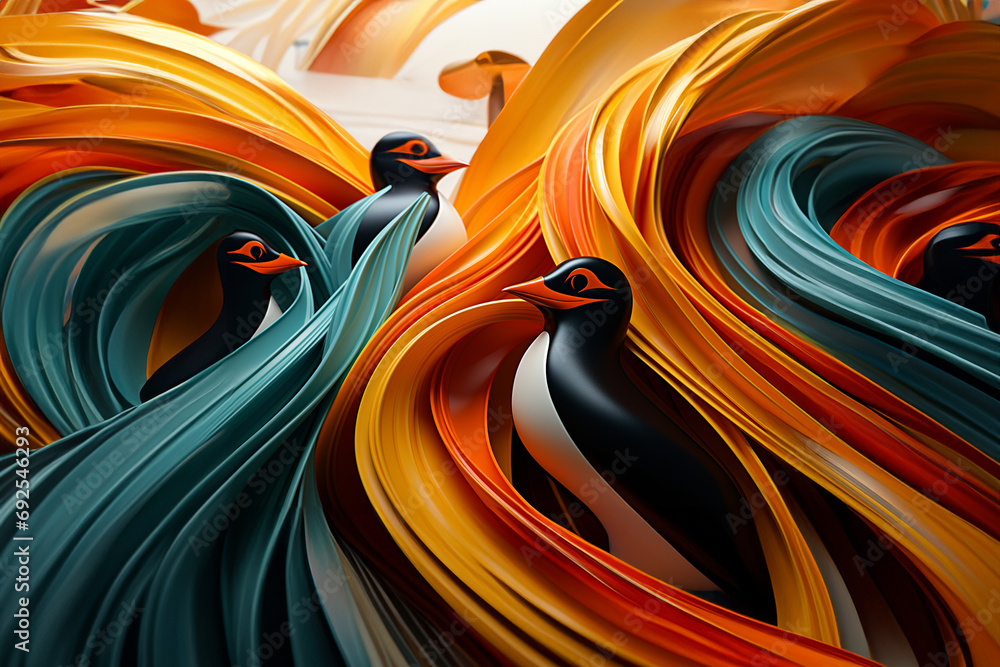 Poster penguin - rich orange and green abstract shapes in a rounded form.