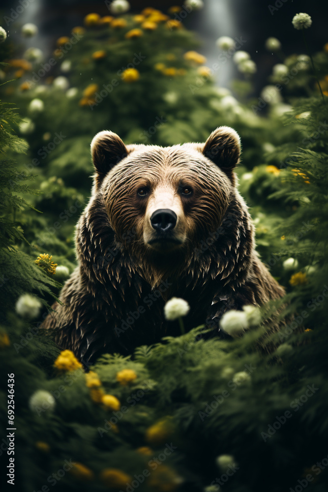 Poster grizzly bear - rich range and green abstract shapes in a rounded form.