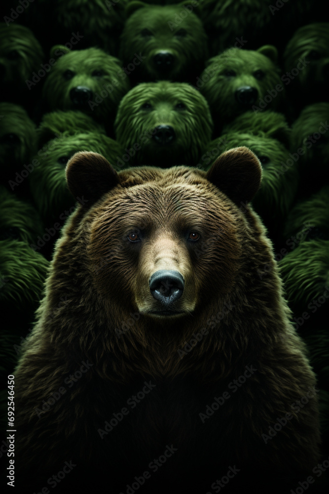 Poster grizzly bear - rich range and green abstract shapes in a rounded form.