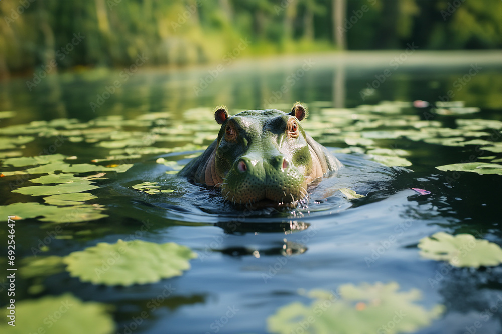 Poster hippopotamus - rich range and green abstract shapes in a rounded form.