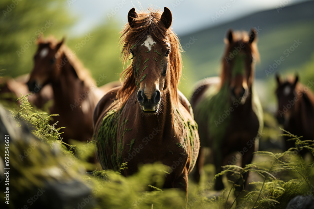 Poster horses - rich range and green abstract shapes in a rounded form.
