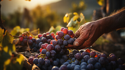 A ripe bunch of red grapes in the farmer's hands
