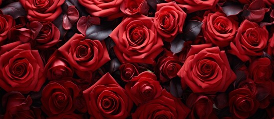 Natural fresh red roses flower pattern wallpaper. top view, red rose flower wall background.