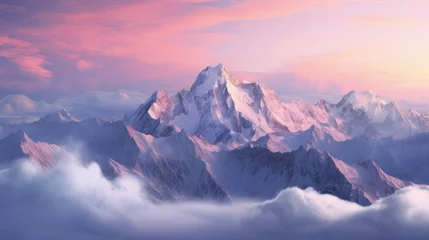 Fotobehang Panoramic view of snow covered beautiful mountain peaks. Pink morning light on snow mountains © Neda Asyasi
