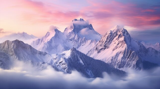 Panoramic view of snow covered beautiful mountain peaks. Pink morning light on snow mountains