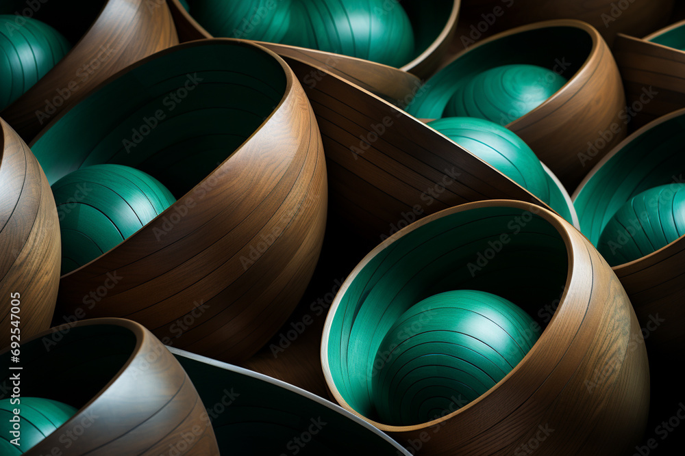 Poster wood - rich range and green abstract shapes in a rounded form.