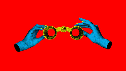 Female hands holding binocular, opera glass against red background. Theater time. Contemporary art collage. Concept of y2k style, creativity, surrealism, abstract art, imagination. Colorful design - obrazy, fototapety, plakaty