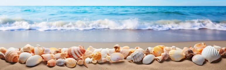 Fototapeta na wymiar Seashells scattered along the seashore create a picturesque beach holiday background