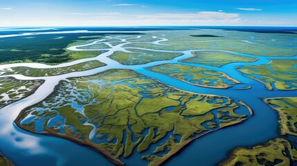 coastal salt marsh landscape illustration tidal flora, ecosystem habitat, brackish mudflat coastal salt marsh landscape
