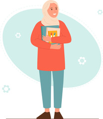 Student holds books in her hands. Arabian woman in hijab. Education concept. Vector illustration