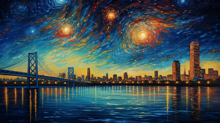 Detroit Skyline Starry Night Oil Painting - obrazy, fototapety, plakaty