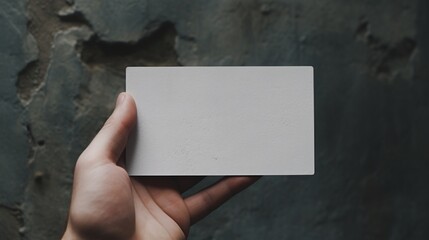 A firm grasp on a white business card, set against the stark, industrial backdrop of a grey concrete wall.