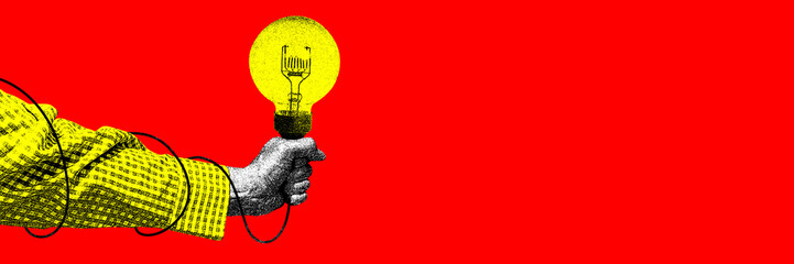 Human hand holding lightbulb over red background. Ideas. Contemporary art collage. Concept of y2k style, creativity, surrealism, abstract art, imagination. Colorful design - obrazy, fototapety, plakaty