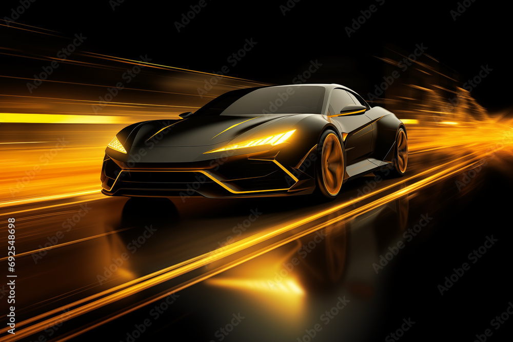 Wall mural black sports or luxury car wallpaper with a fantastic yellow light effect background