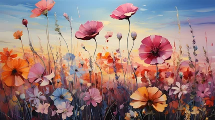 Poster Beautiful colorful flower field at sunset. Panoramic image. © Iman