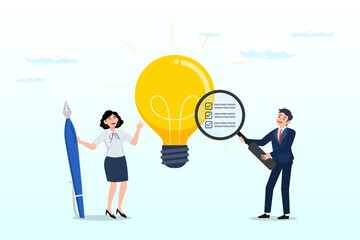 Businessman with magnifier analyse light bulb idea business viability checking, validate idea by market research to see possibility to success, evaluate profitable of business idea (Vector)