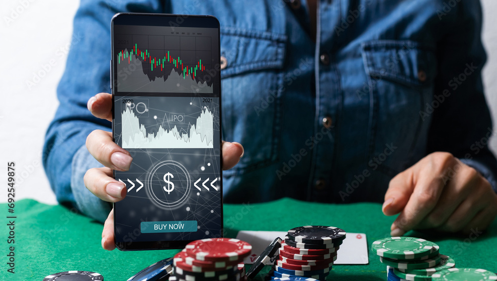 Poster smartphone with ipo graphics. app is open on smart phone - stock chart is visible in the background.