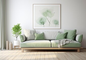 A Sofa in a Room with White Walls and Wooden Floors, Capturing the Essence of Nature in a Wall Mat.