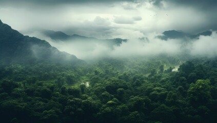 Mystical Forest Embrace A Beautiful Scenery of Green Tree Forest Enveloped in Ethereal Fog