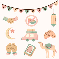 set of ramadan kareem with doodle or hand draw style, soft color.