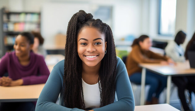 Happy cheerful American - African black ethnicity female university student learning. Highschool teenager sitting in classroom.