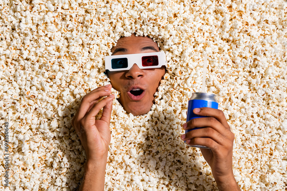 Canvas Prints photo of excited shocked guy spend evening weekend watch tv shows with pop corn lemonade can isolate